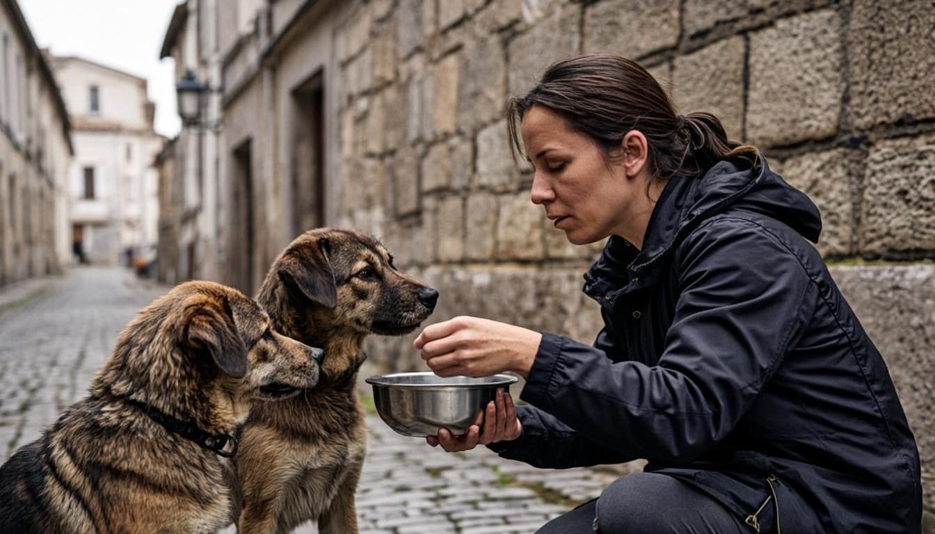 Protetora a alimentar dois cães resgatados numa rua urbana
